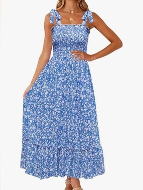 Blue White Floral Smocked Tie-Shoulder Maxi Dress